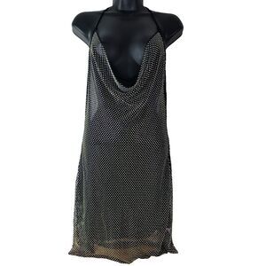 Klesis Plunging Neck M Party Halter Rhinestone Sparkle Mini Dress Backless Black